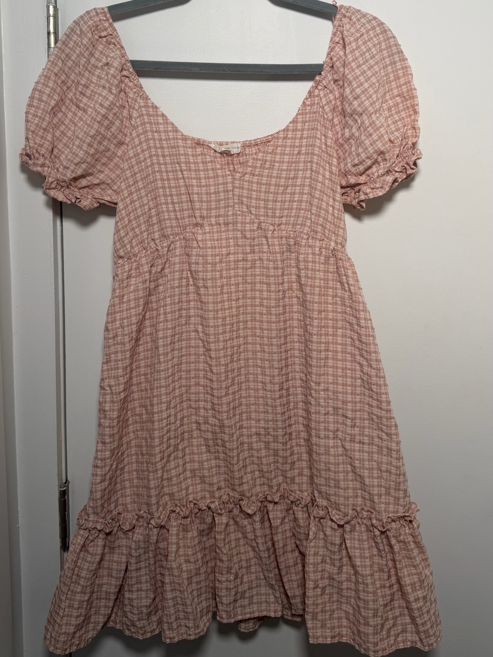 Pink Gingham Puff Sleeve Midi Dress